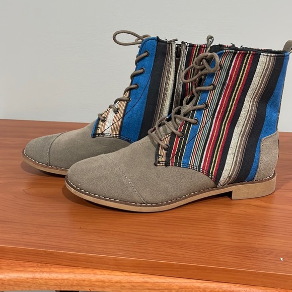 Toms Shoes - Toms booties gray suede with striped fabric accents barely worn
